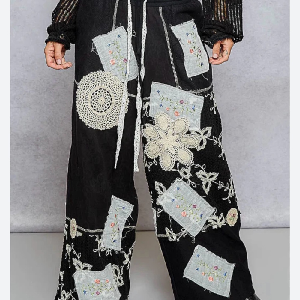 🆕 POL black patchwork relaxed cotton wide-leg pants/crochet and embroidered NWOT